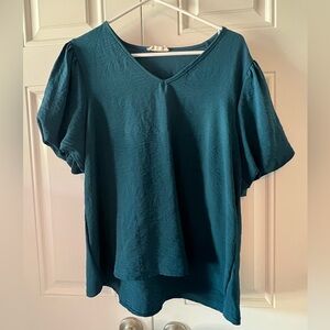 Blue balloon sleeve v neck blouse